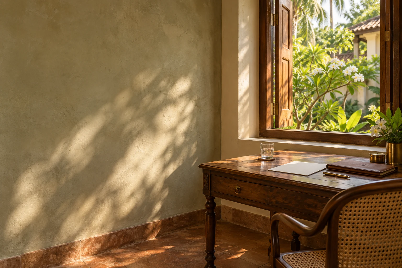 An illustrative sunlit Goan study, with paper and a leather folder on a teak writing desk