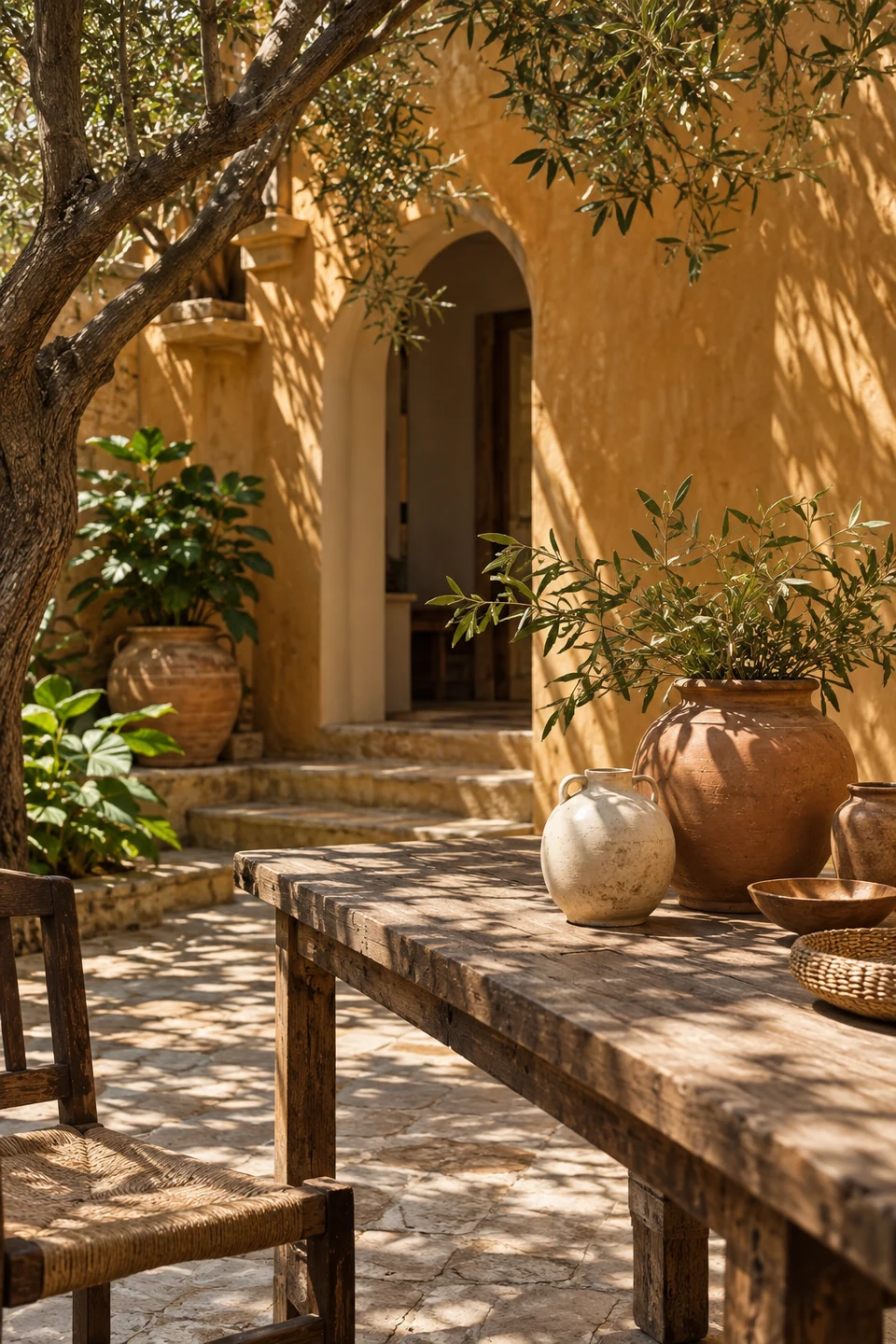 Illustrative Goan courtyard with handmade ceramics and woven cane