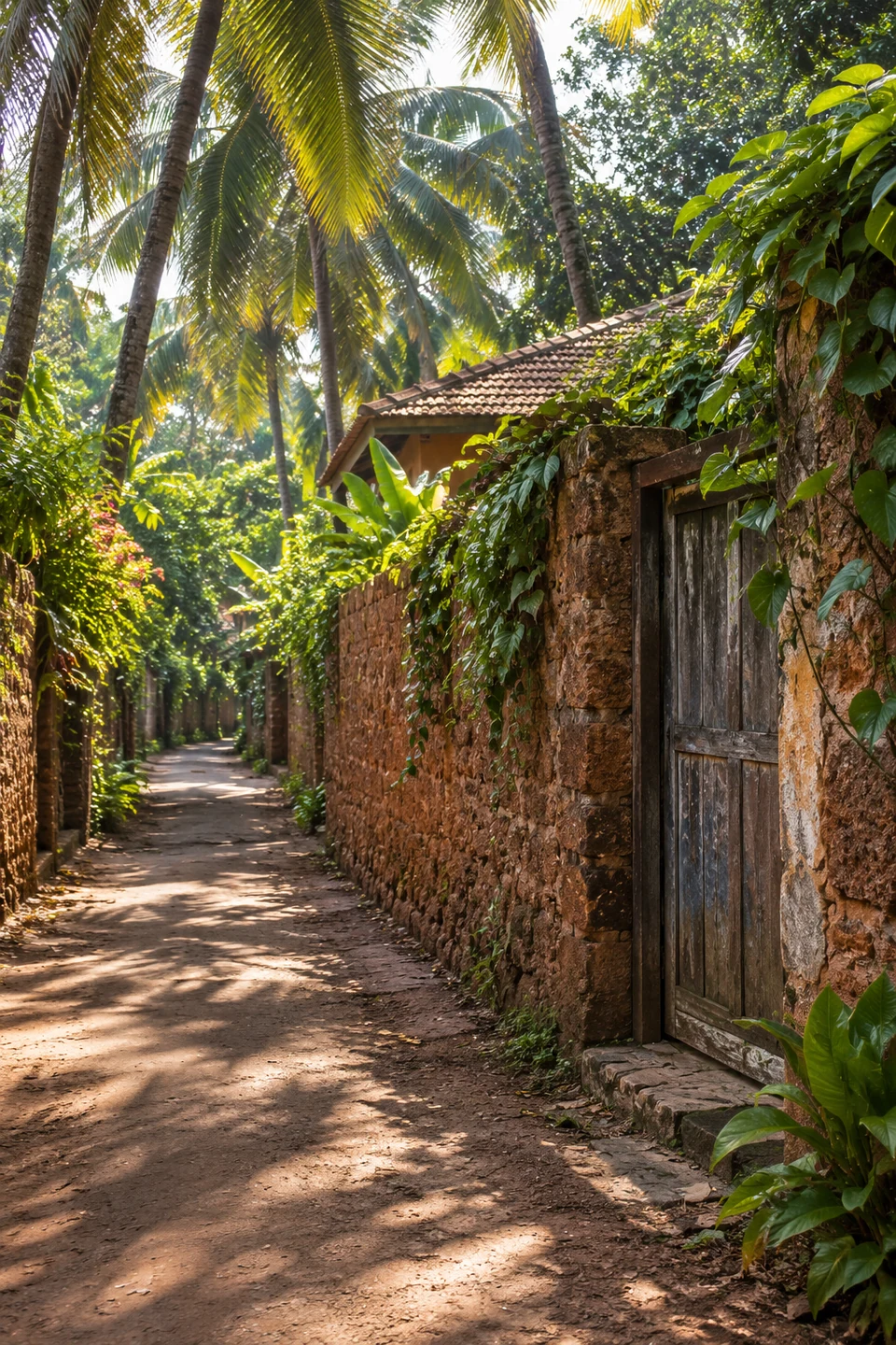 Illustrative Anjuna village lane with laterite walls and palms