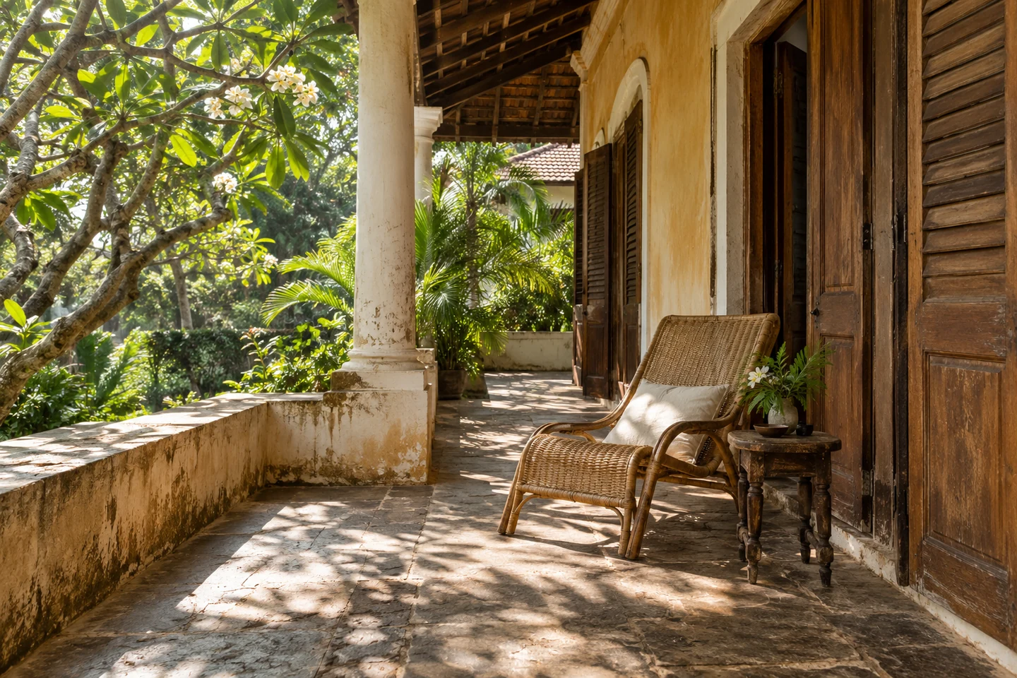 Illustrative shaded Goan veranda with timber shutters and a cane chair