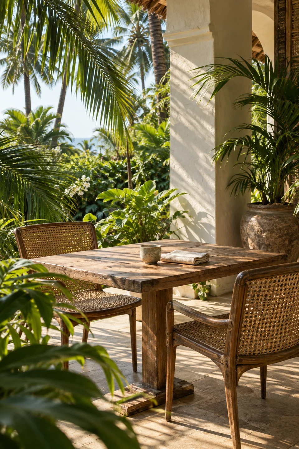 Illustrative outdoor dining corner, timber, linen and palm shadows