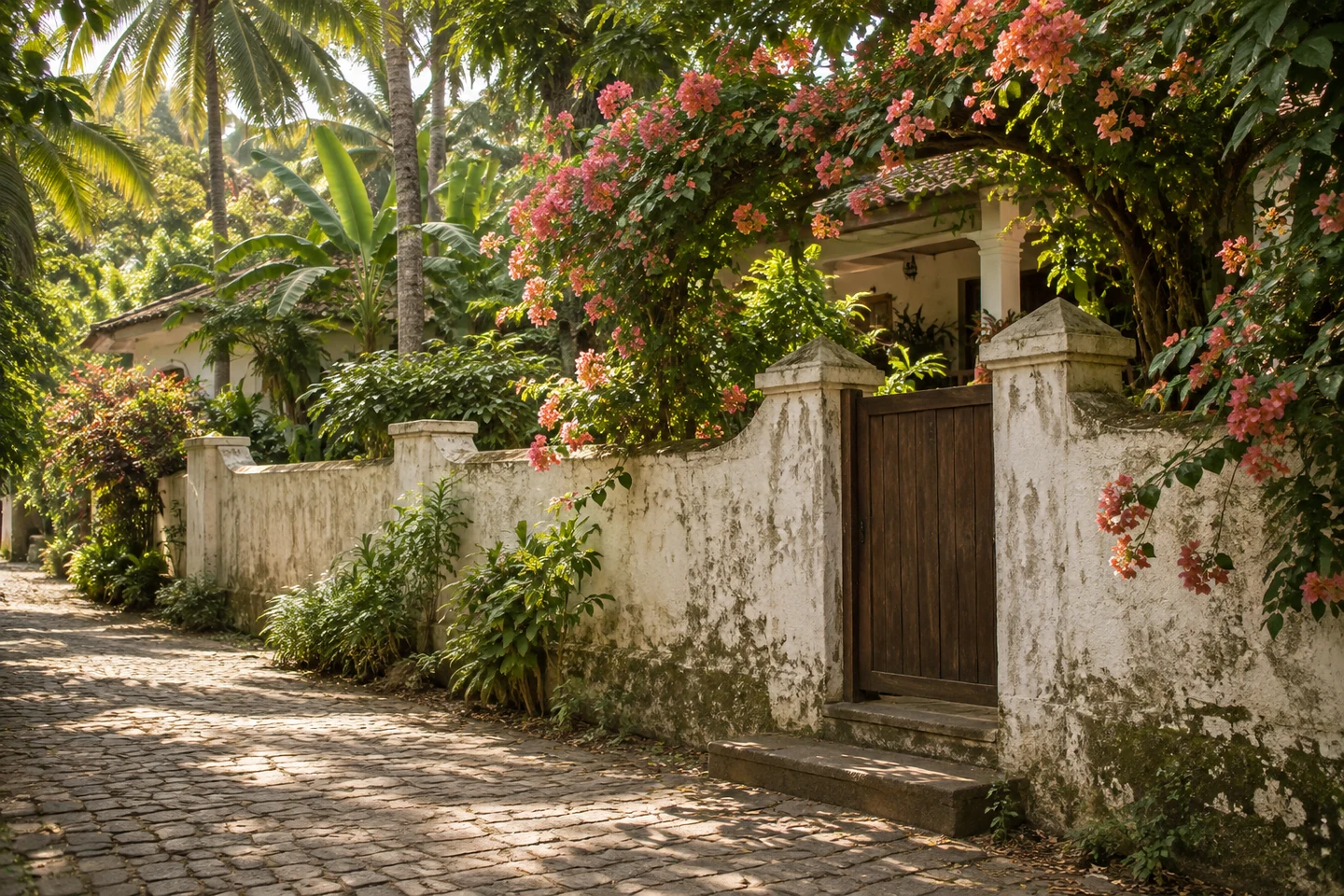 Illustrative garden gate and a quiet coastal village approach