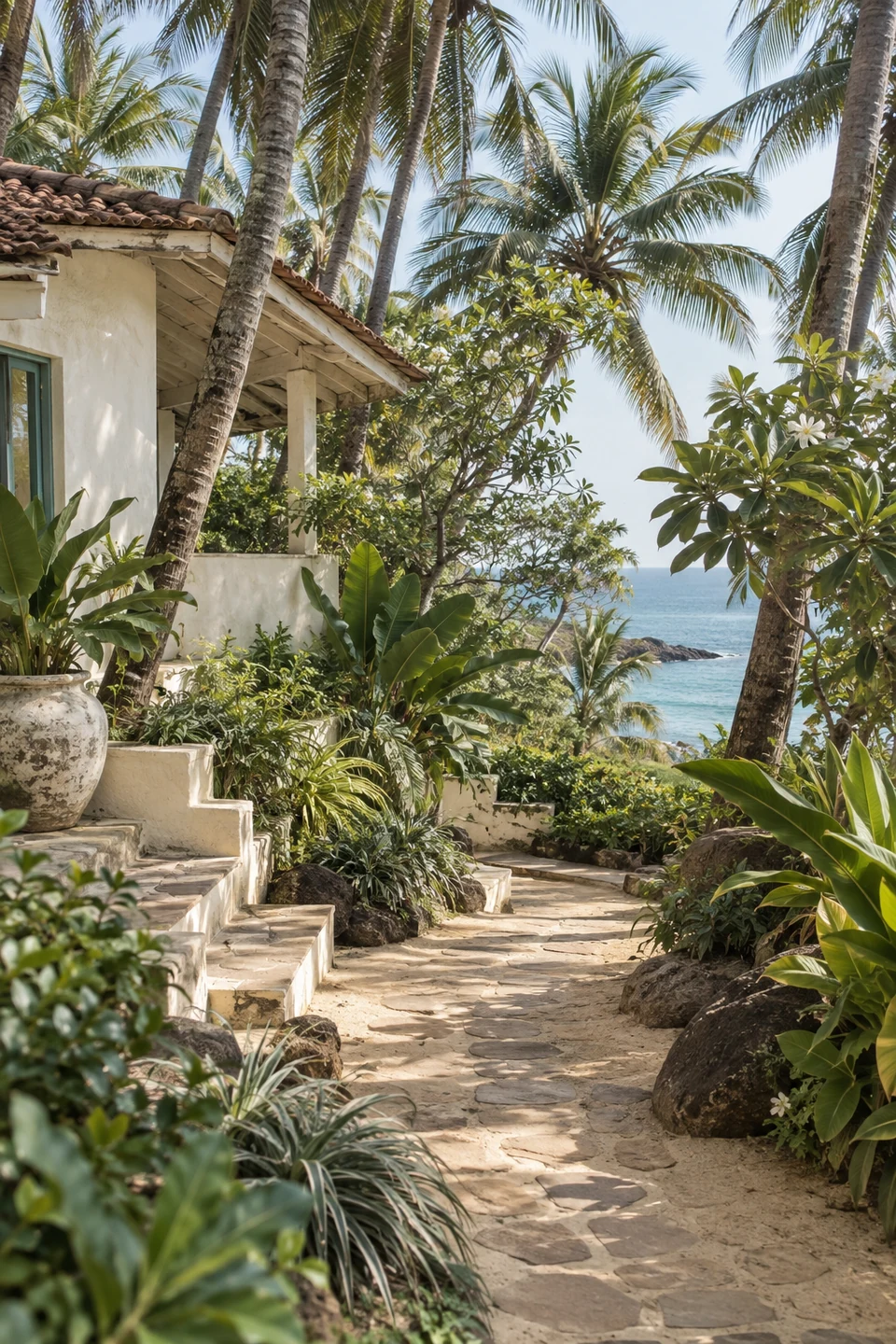 Illustrative private coastal garden with mature palms