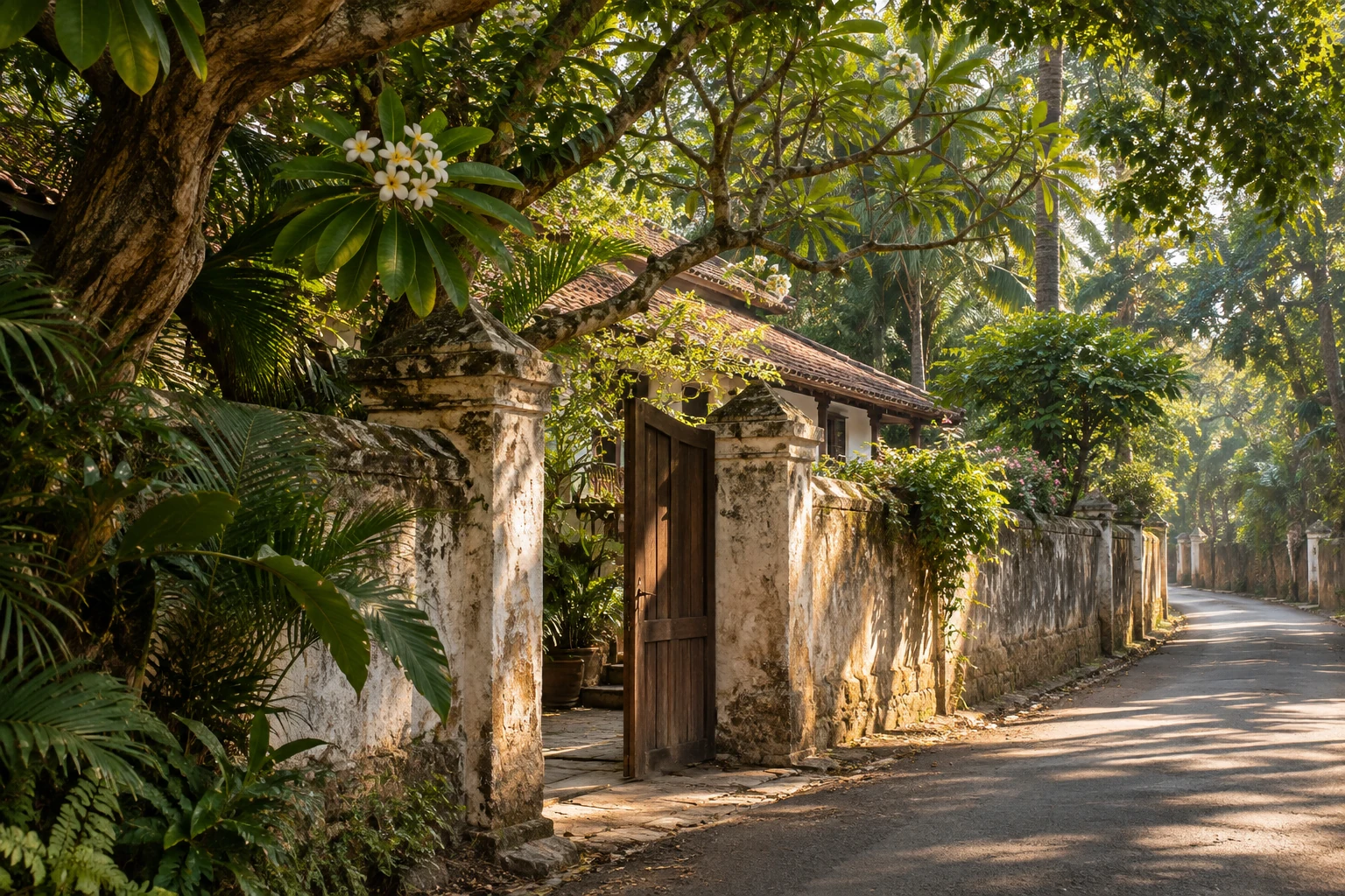 Illustrative Goan garden lane, weathered gate and tree canopy