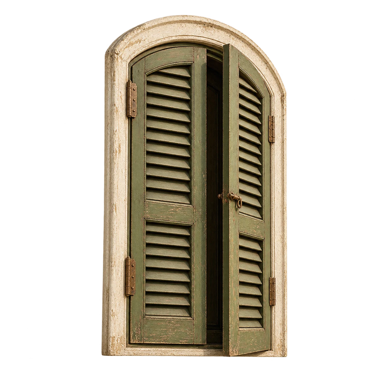 Architectural render of antique timber shutters and limewashed architrave