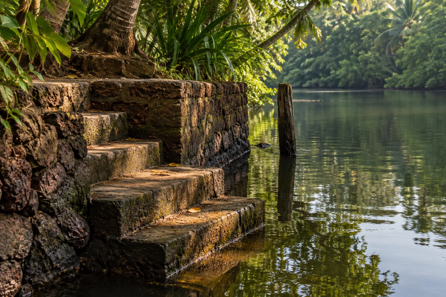 Illustrative shaded stone landing descending to river water