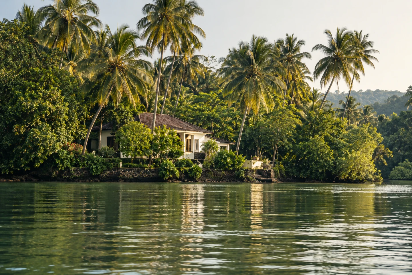 Illustrative lush riverbank and a home nestled among coconut palms