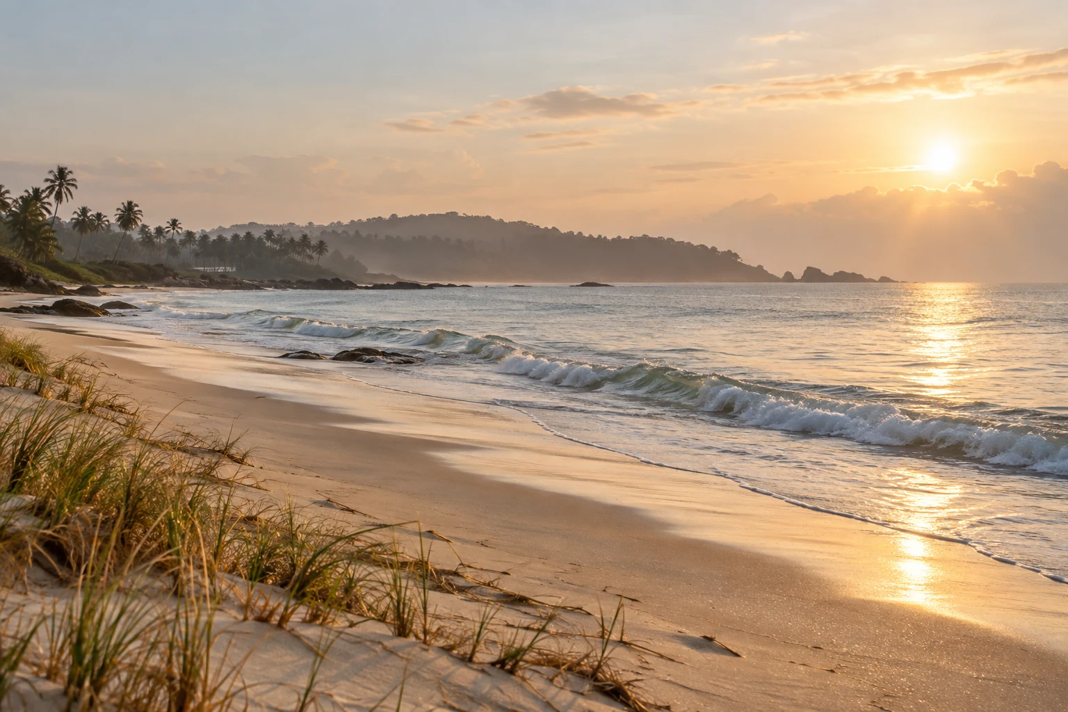 Illustrative quiet shore, morning light and shallow waves