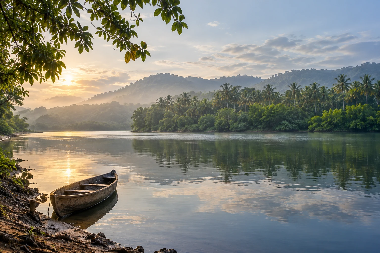 Illustrative river country, coconut groves and a wooden canoe