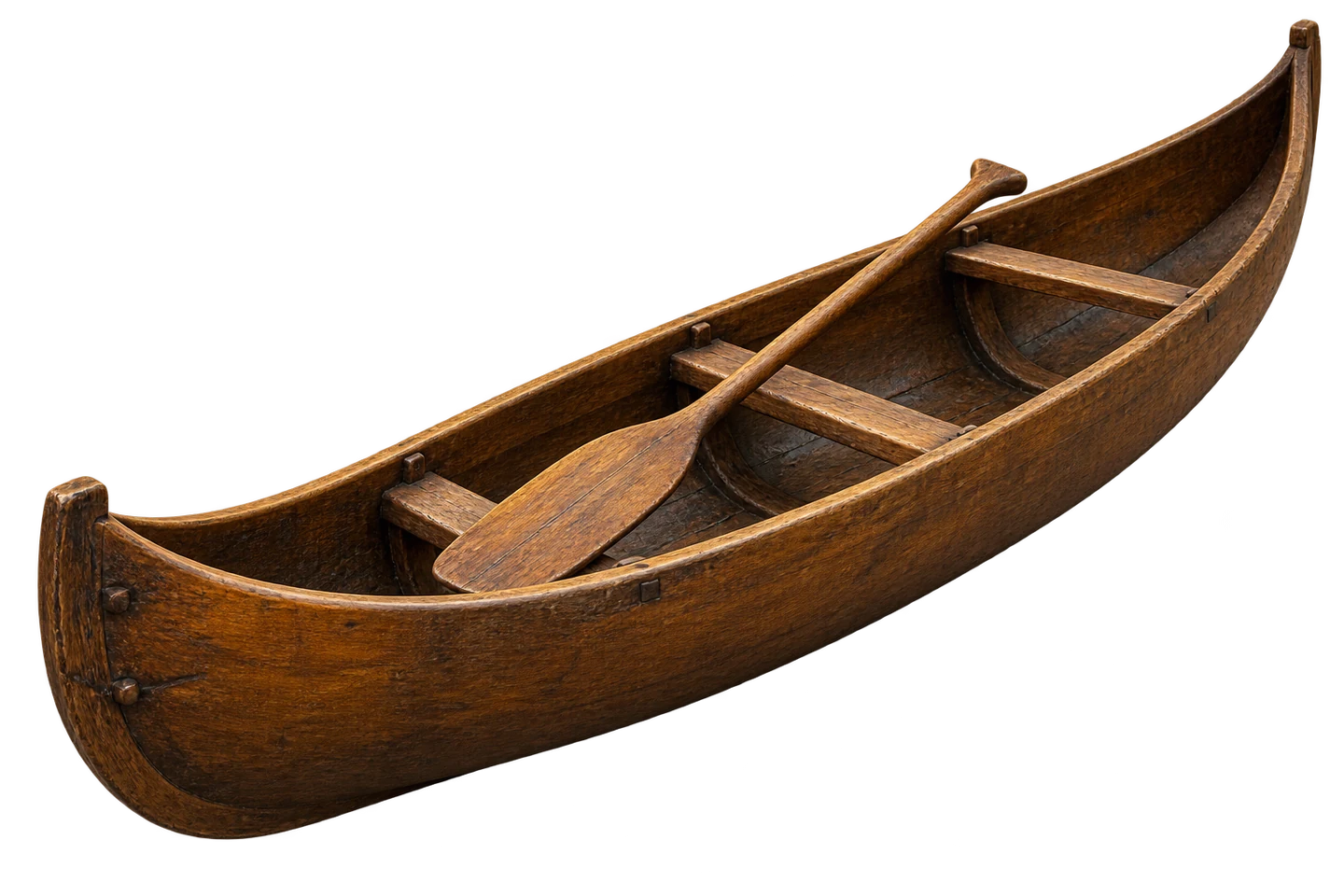 Sculptural render of a traditional wooden canoe and paddle