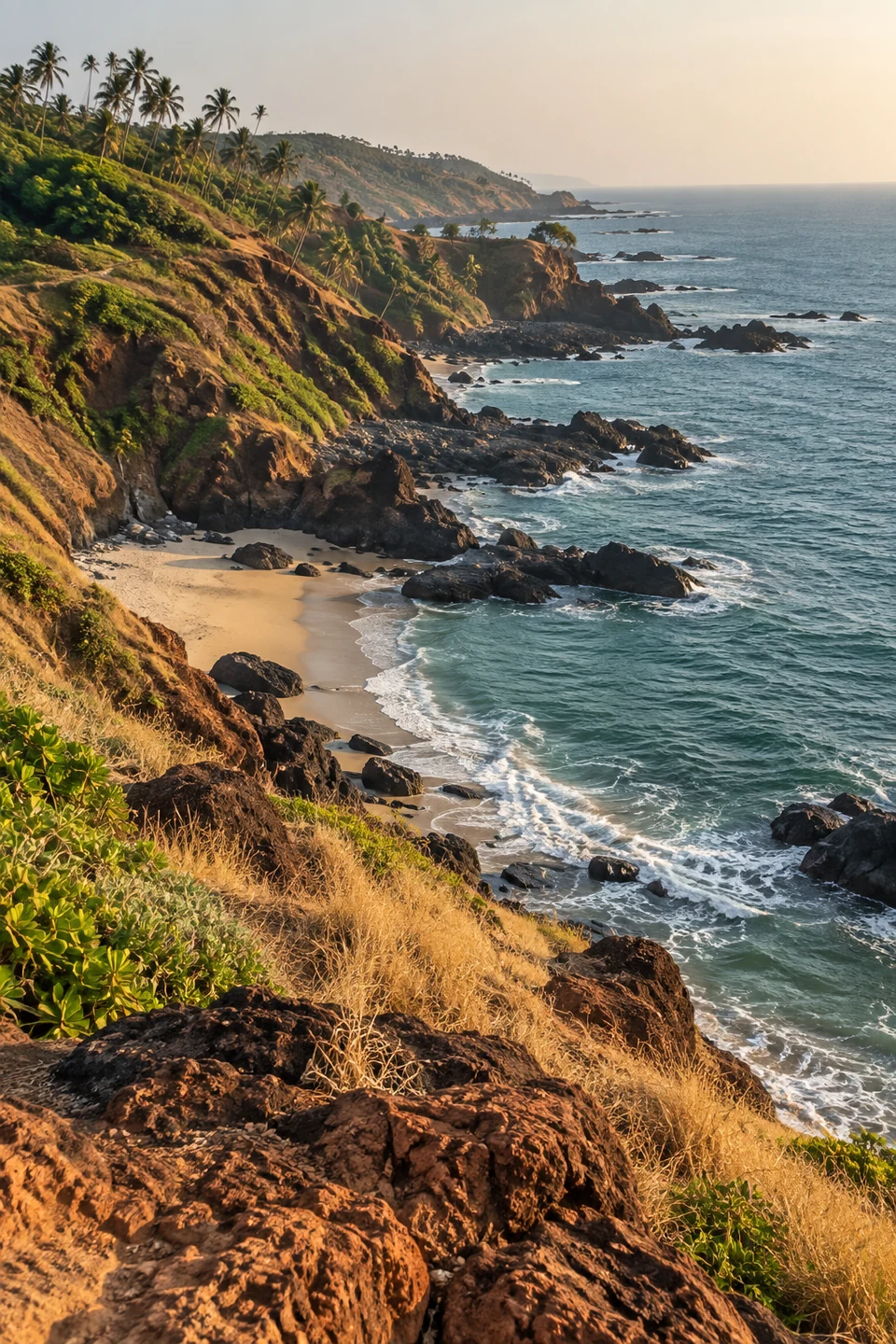 Illustrative laterite cliffs, coastal grasses and a North Goa cove