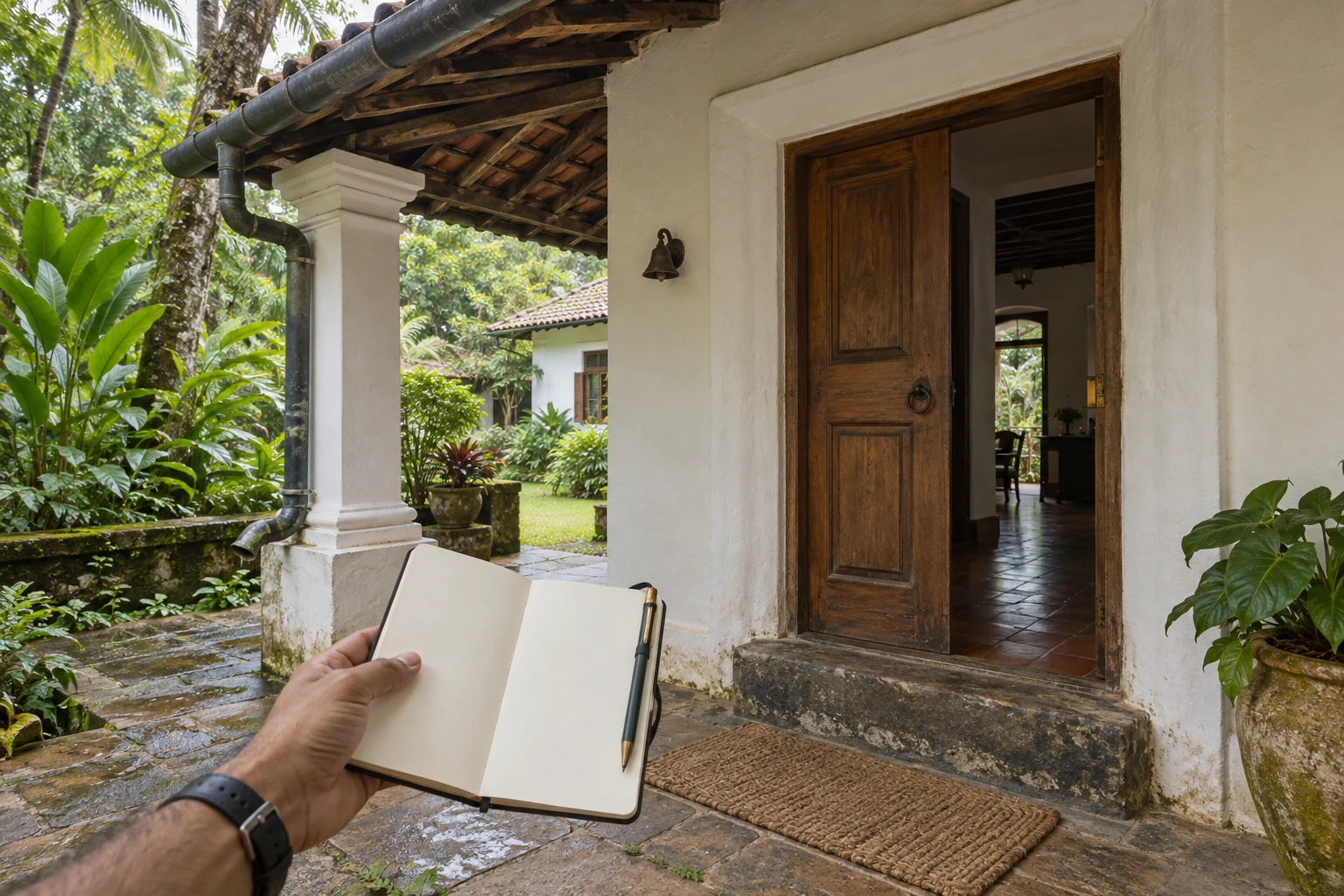 An inspector holding a blank notebook while observing a Goan home doorway, threshold and drainage