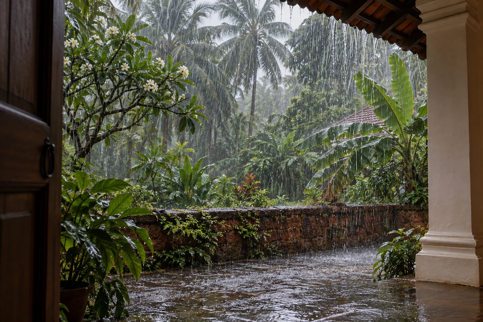 Heavy monsoon rain, roof runoff and a wet stone terrace seen from a sheltered Goan veranda