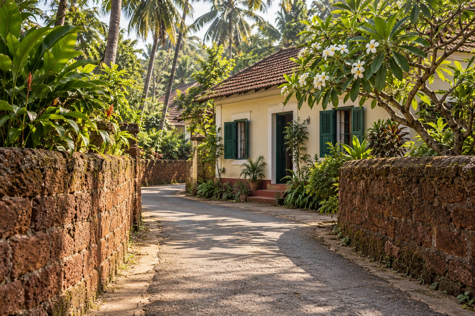 A quiet Goan lane between laterite walls, palms and a tiled-roof home with green shutters