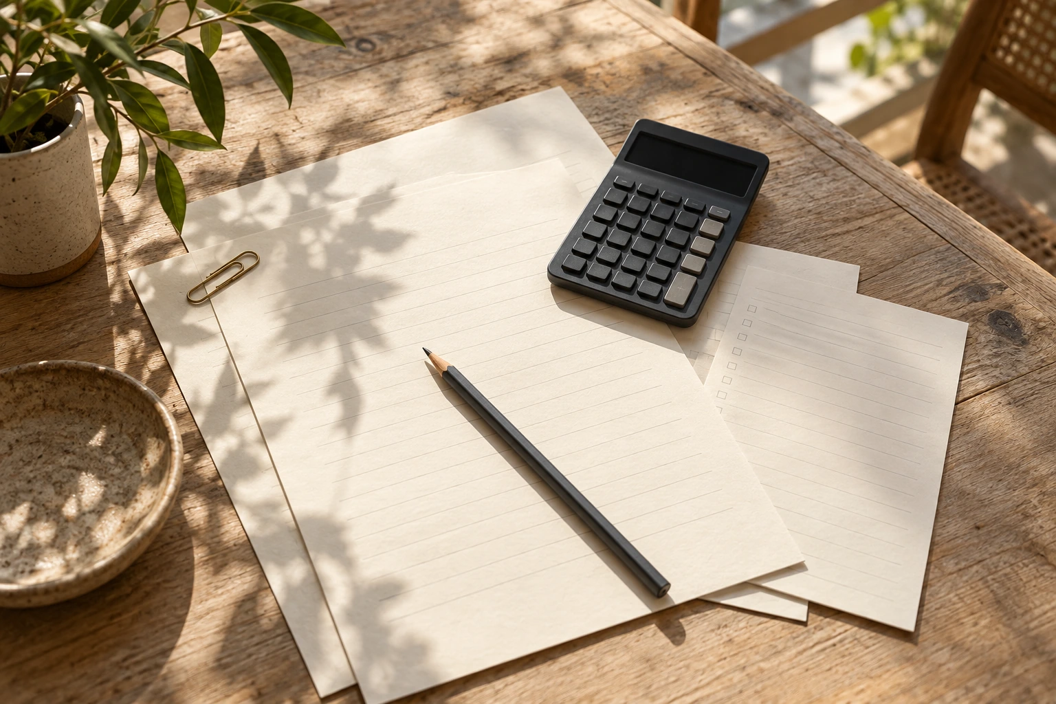 Blank budgeting sheets, a pencil and calculator on a sunlit timber desk