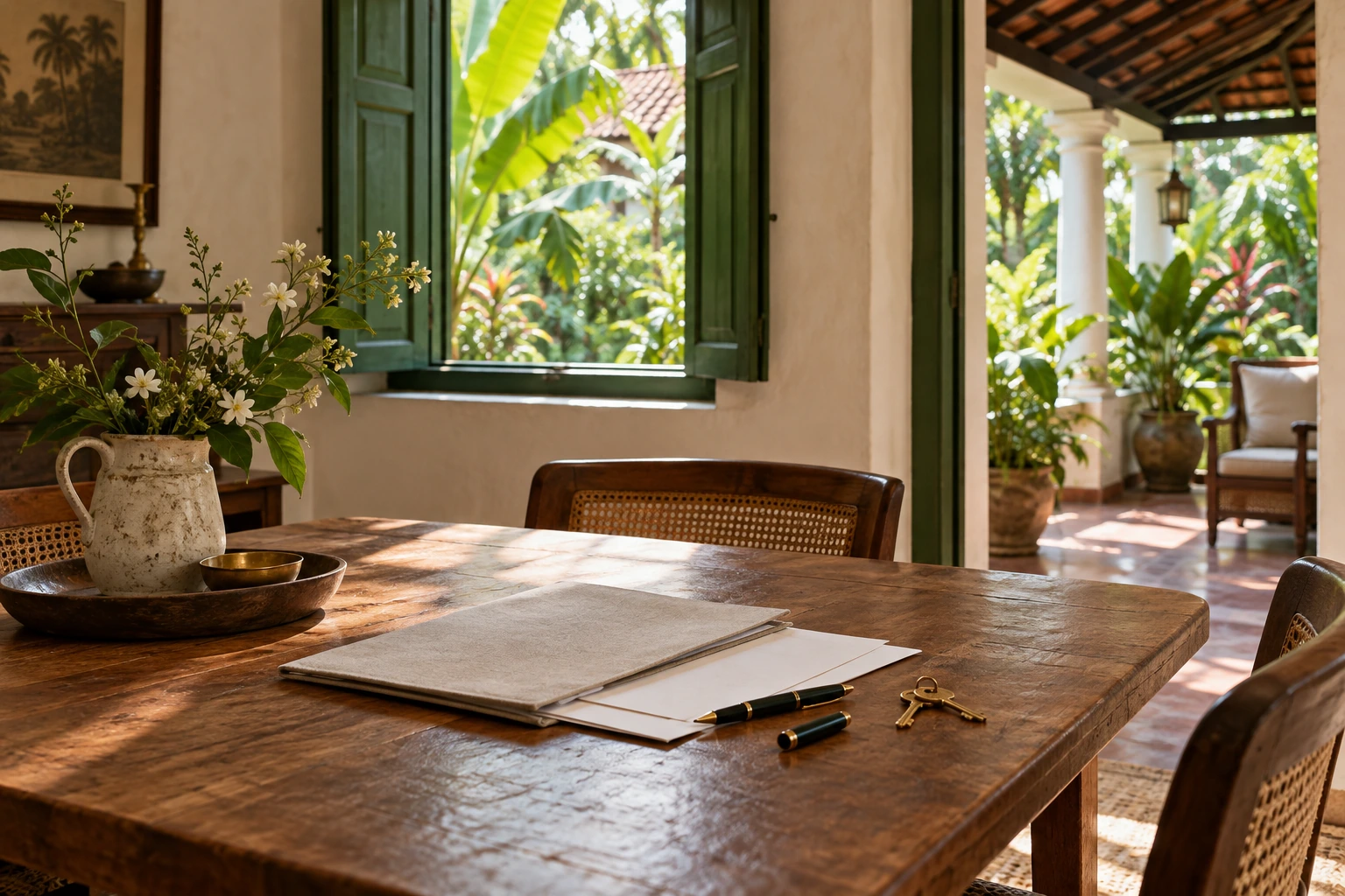 A linen folder, blank papers, pen and house keys on a timber table beside an open garden veranda