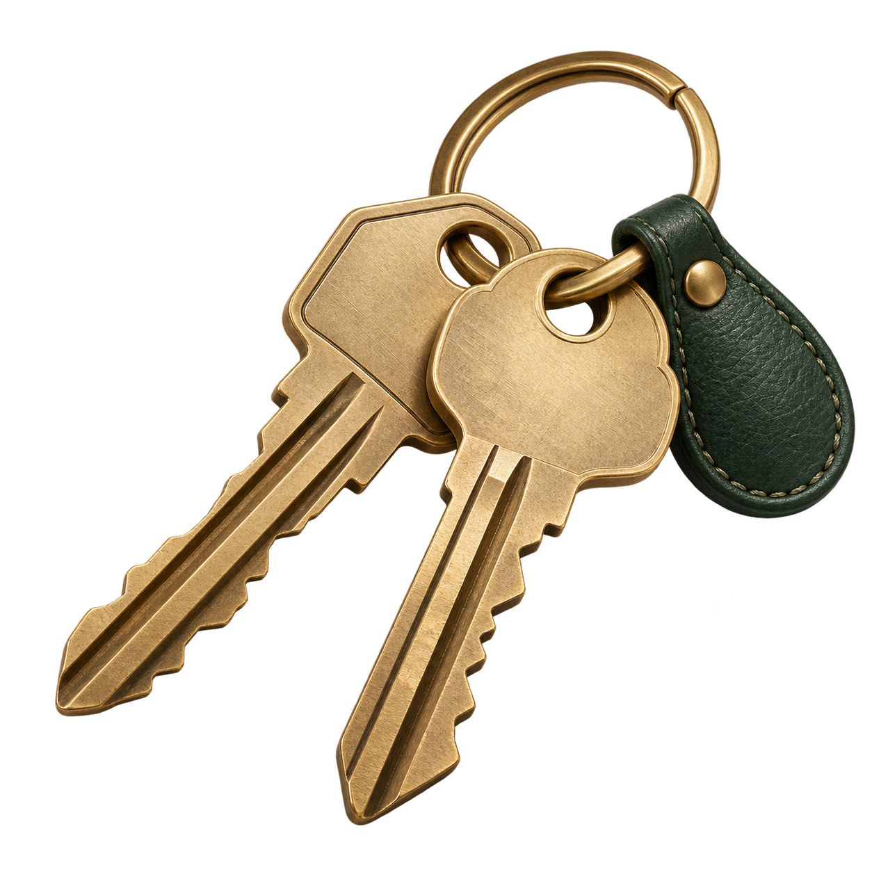 Two brushed-brass house keys with a dark leather fob